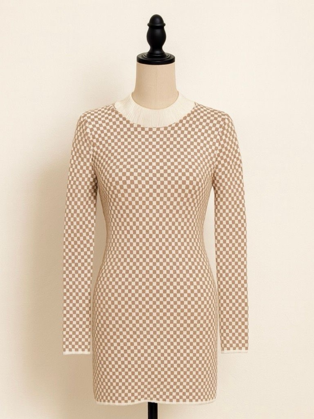 Abercrombie & Fitch Beige & White Checkered Mock Neck Sweater Dress Size XS